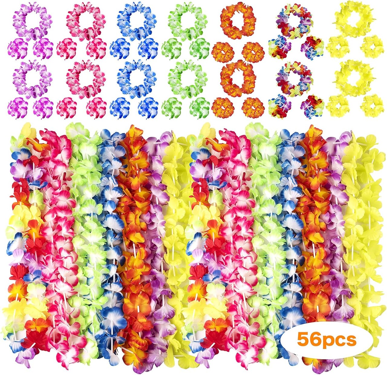 56 Counts Hawaiian Leis, Luau Party Supplies of Elastic Flowers Necklaces, Headbands and Wristbands - Tropical Hawaiian Decorations, Beach Party Decorations, Birthday Party Favors
